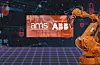 ABB-branded orange industrial robot in a digital factory cyber security backdrop.