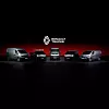 Line-up of Renault Trucks vans on a dark red and black background.