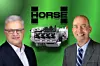Two suited executives stand beside a compact engine module under a Horse Powertrain logo on a green background.