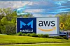 Marelli and AWS logos displayed together on an outdoor sign with greenery behind.
