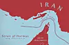 Illustrated map highlighting the Strait of Hormuz between Iran and the United Arab Emirates.
