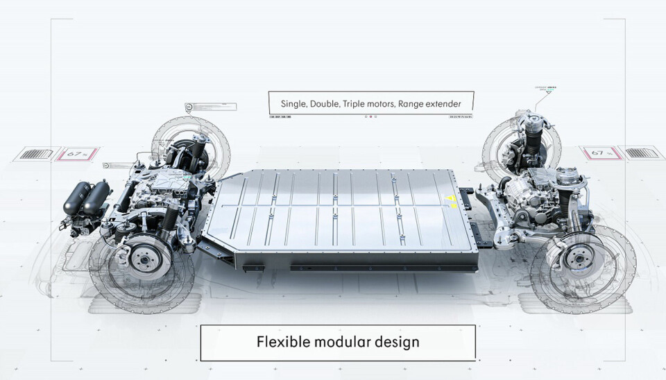 The SEA-S platform features a 900V system for ultra-fast charging and thermal efficiency. This scalable architecture delivers high-performance mobility for the global market. Illustration of an electric vehicle chassis with battery pack and modular axle assemblies.