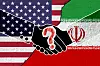 Illustration of a handshake overlaid on US and Iranian flags with a question mark.