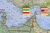 Iranian and US flags on tiles positioned over a map of the Strait of Hormuz and Gulf states.