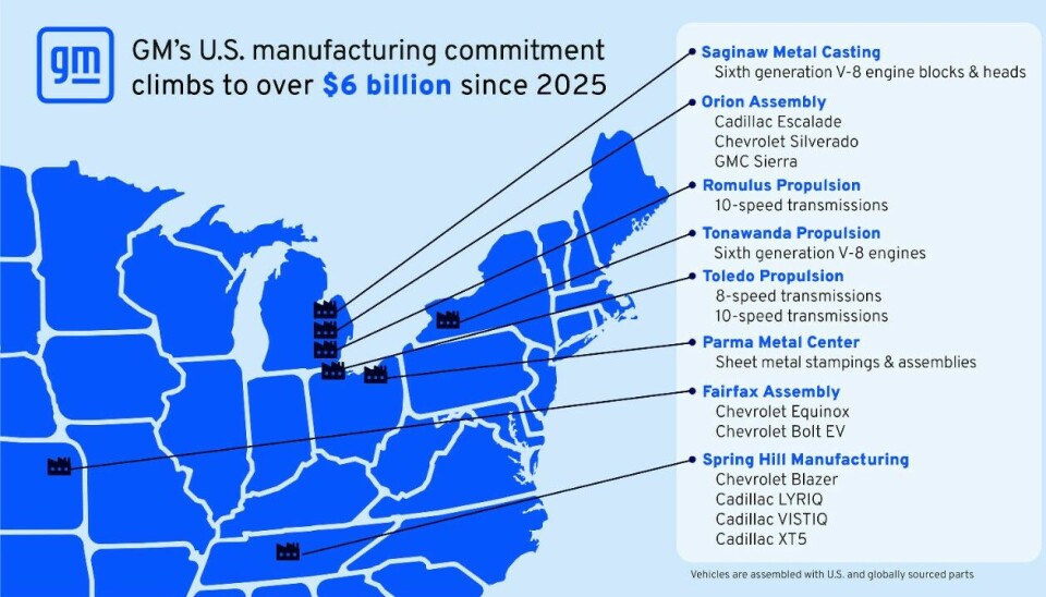 GM graphic map showing US Midwest plants and investment amounts since 2025.