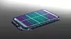 Coloured 3D render of a flat electric vehicle battery pack on a dark gradient background.