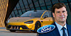 A yellow Xiaomi SU7 is parked outside a modern building, with a suited man standing in the foreground and a Ford logo visible.