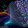Abstract illustration of colourful lines flowing between text and a matrix of illuminated squares.
