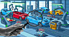 Robots and car bodies on an automated assembly line in a modern factory with a magnifying glass overlay.