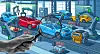 Robots and car bodies on an automated assembly line in a modern factory with a magnifying glass overlay.