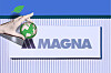A Magna logo on a white sign, with a hand holding a small green globe icon in the foreground.