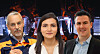 Three people are shown side by side on a video panel with an industrial factory background.
