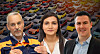 Three people pose in front of a background of many parked cars.