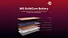 Exploded diagram of an MG SolidCore battery showing stacked layers on a red-to-black background.