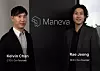 Two people stand in front of a dark Maneva backdrop with the company logo and names displayed.