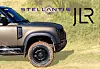 A bronze off-road SUV parked on grass with Stellantis and JLR logos overlaid.