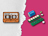 A Maxell cassette illustration, a blue battery, circuit board and small electronic parts on a pink and white background.