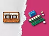 A Maxell cassette illustration, a blue battery, circuit board and small electronic parts on a pink and white background.