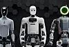 Three humanoid robots stand in a row against a dark hexagonal background.