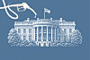 Illustration of the White House with a fuel pump nozzle and hose on a blue background.