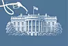 Illustration of the White House with a fuel pump nozzle and hose on a blue background.
