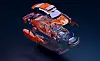 Exploded 3D view of an electric vehicle with separated body panels, battery pack and drivetrain components.