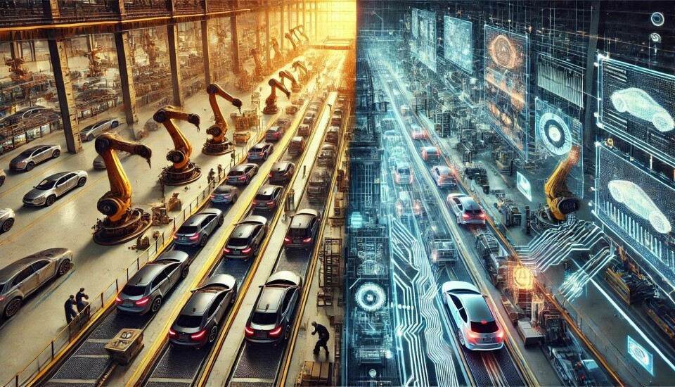 Digital twin technology is bridging the physical and digital worlds in automotive manufacturing DALL·E 2025-03-25 20.29.59 - A split digital artwork viewed from above, looking directly down the center of an automotive manufacturing line. The left side features a realistic in