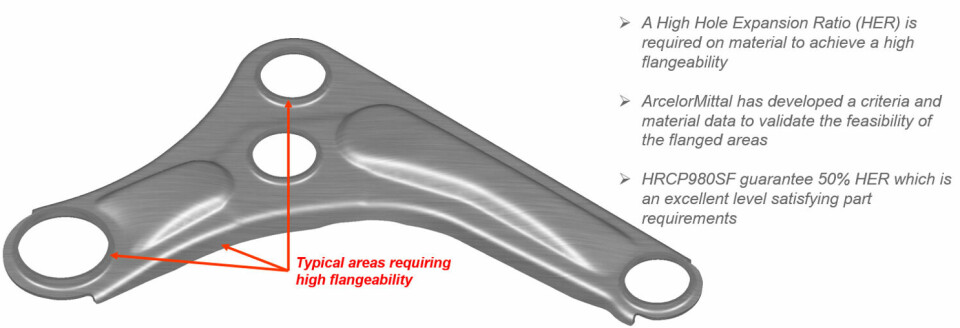 Lower Control Arm has demanding geometries requiring high stretch-flangeability. ArcelorMittal developed the expertise to validate part feasibility with the HRCP980SF Number 2