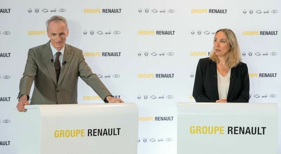 Renault board chairman Jean-Dominique Senard and Clotilde Delbos, interim Chief Executive Officer of Renault Renault Press Conference Mat 2020 Senard and Delbos