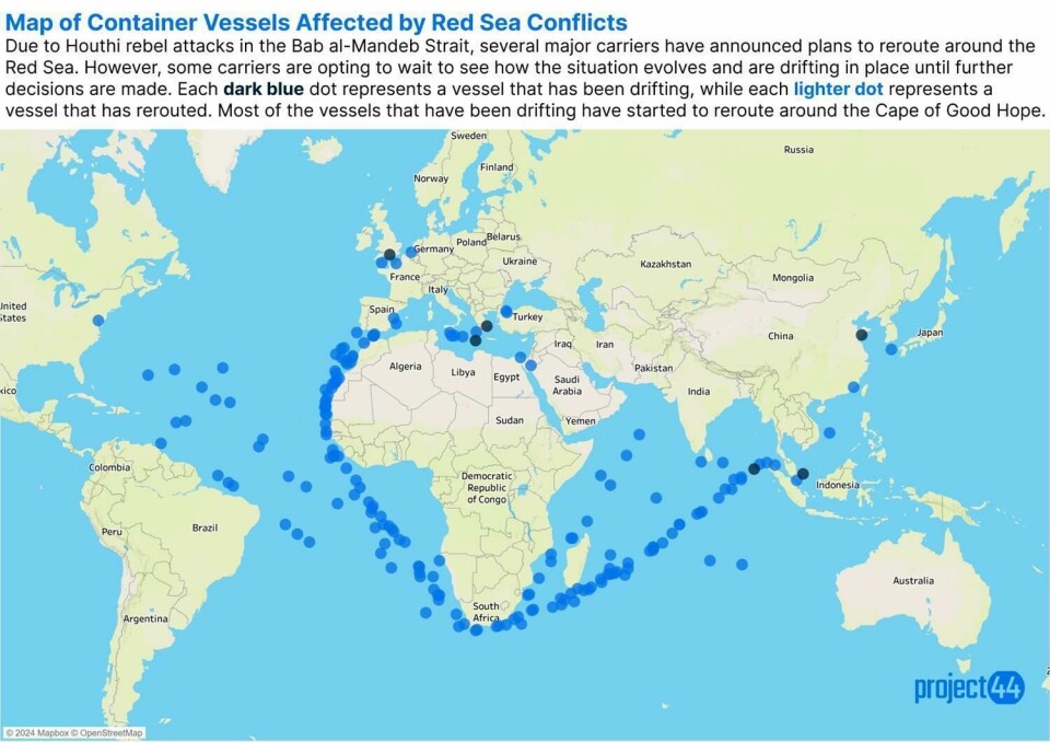 Map of container vessels affected by red Sea conflicts. Dark blue dots represent vessels that have been drifting and light blue dots represent vessels that have rerouted Map of container vessels affected by red Sea conflicts. Dark blue dots represent vessels that have been drifting and light blue dots represent vessels that have rerouted