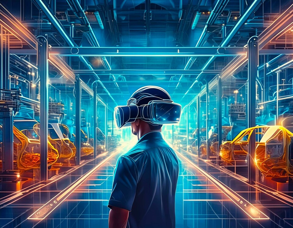 The transformative impact of virtual and digital twin technologies on automotive production Firefly A virtual automotive production network, superimposed by large translucent VR Goggles. 69586