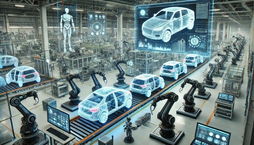 Digital transformation at inflection point within automotive manufacturing DALL·E 2025-03-19 14.22.21 - A futuristic automotive manufacturing facility showcasing digitalization in operations. The scene features robotic arms assembling high-tech vehicles