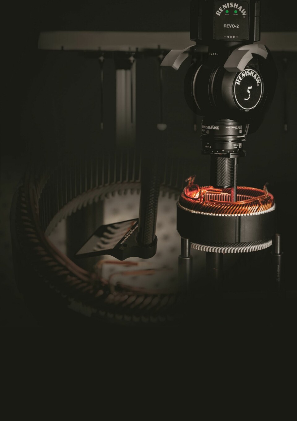 Tomkinson says that Renishaw’s five-axis measuring equipment has proven suitable for both engines and EV components EV stator background comp Renishaw