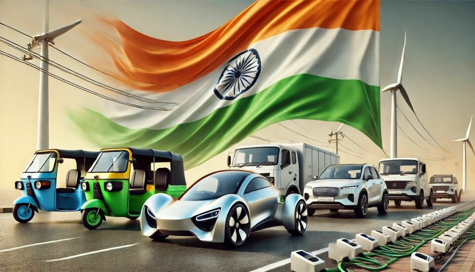 India targets $500bn in EV investment as government boosts manufacturing incentives and new players like Tesla, VinFast prepare entry DALL·E 2025-03-17 18.47.45 - An artistic depiction of Indian electric vehicles in front of a large Indian national flag as the backdrop. The scene features only realistic electric