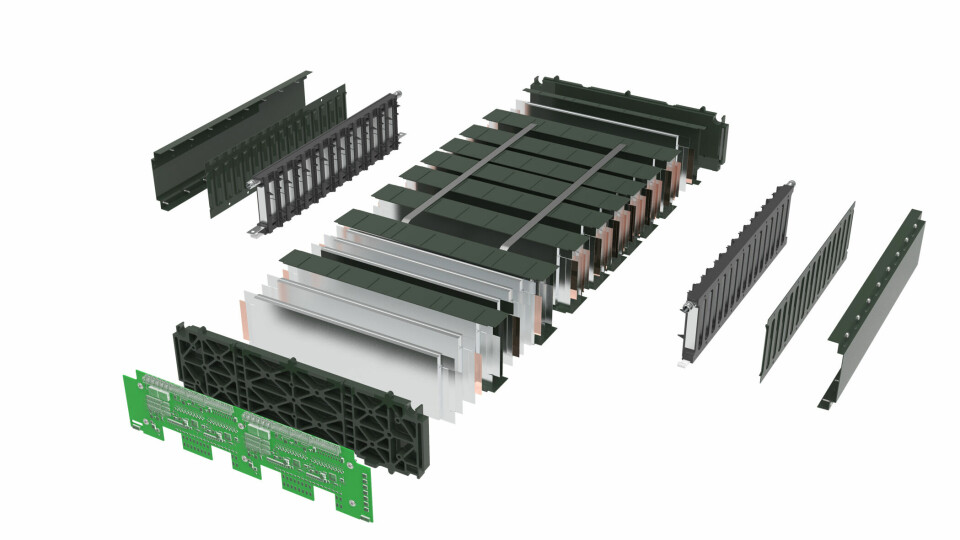Exploded view of the Composite Battery Module demonstrator project in collaboration with Fraunhofer. The view showcases components including a lightweight composite endplate, composite C-shape module divisions with fire protection sheets, an ICCP (integrated connection and cooling plate) and burst valve plate Sumitomo battery expl view
