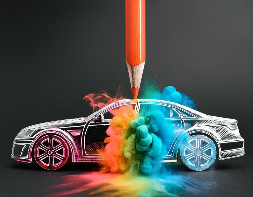 The integration of ABB’s tpaint tech is said to ensure 100 percent paint application with no overspray or airbourne misting Firefly A car, half in pencil, with no colour, half in realistic colour, being sprayed with colourfu