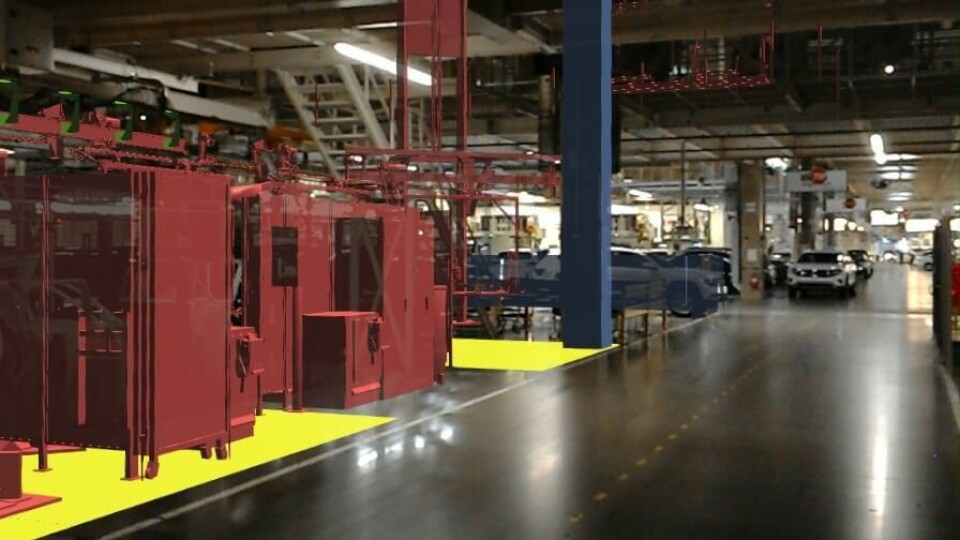 Different colours indicate the virtual position of new machinery along the Chattanooga production line. The Tennessee plant is ramping production of the new Atlas Cross Sport as well laying the groundwork for the next generation of its EV, planned to begin in 2022 Volkswagen_brings_augmented_reality_to_life_along_the_factory_line--11114