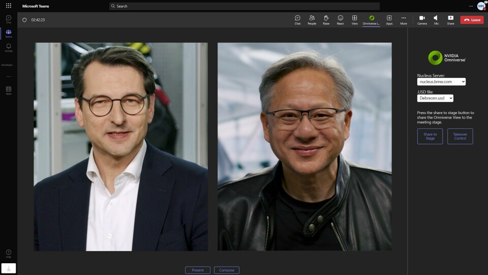 Milan Nedeljković, BMW Board member for Production (left) and NVIDIA CEO and founder Jensen Huang on a virtual planning session for a new bodyshop Milan Nedeljković, BMW Board member for Production (left) and NVIDIA CEO and founder Jensen Huang