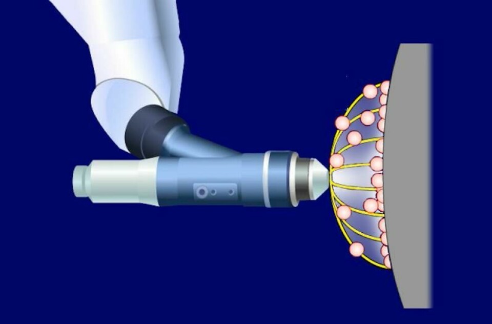 Toyota’s new airless paint atomiser uses electricity to convey the paint – electrostatic atomisation – so statically charged particles gravitate toward the vehicle body – electrostatic painting Toyota paintshop atomiser section INDEX