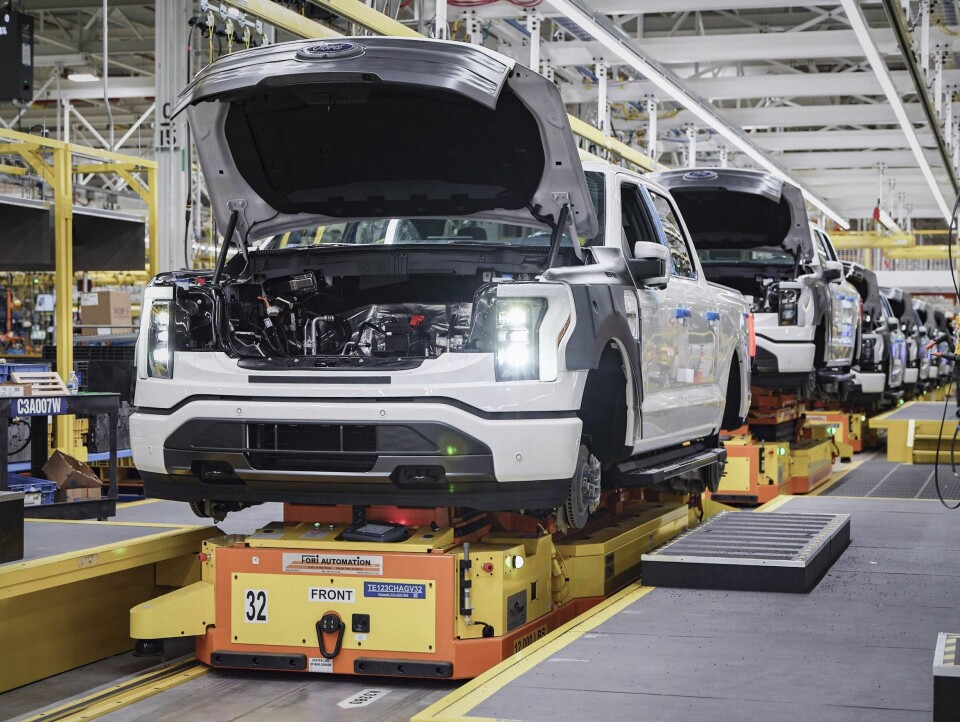 A Ford F-150 Lightning mounted on an automated guided vehicle for assembly. Rouge Electric Vehicle Center_16