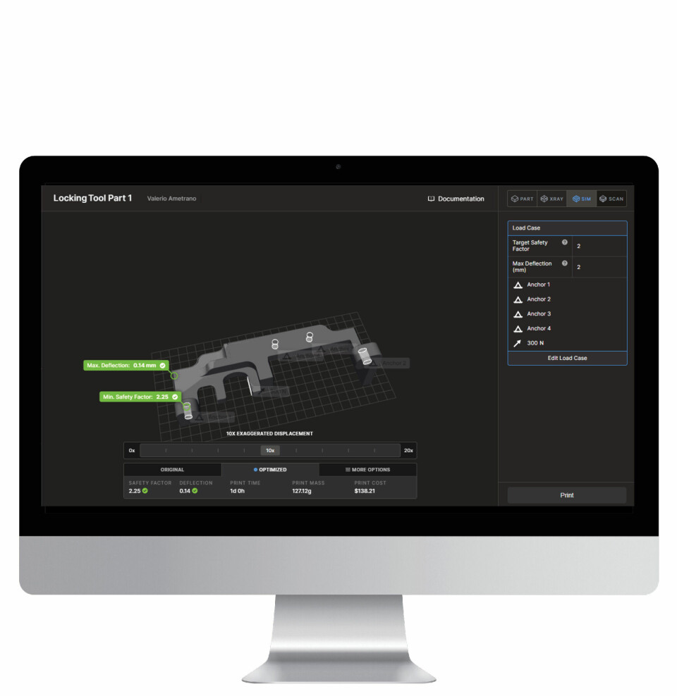Punch Torino’s camshaft locking tool in Markforged’s simulation tool, within Eiger slicing software Punch Torino Story Sim Screen