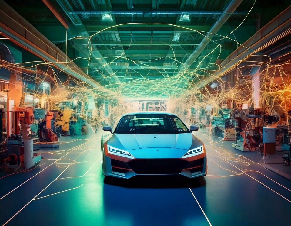 Digital twins and AI reshape automotive factories into adaptive, connected ecosystems Firefly A modern EV car, in the middle of a large factory, connected by digital threads to computers