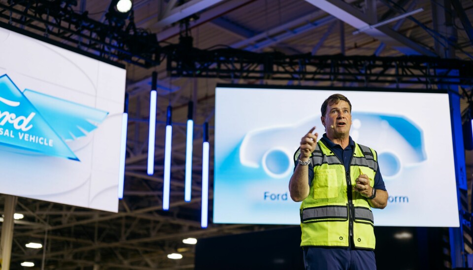 Jim Farley, Ford President and CEO, outlines the company’s plans to design and build next-generation electric vehicles in the US during an address at Louisville Assembly Plant on August 11, 2025.